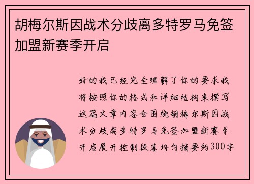 胡梅尔斯因战术分歧离多特罗马免签加盟新赛季开启